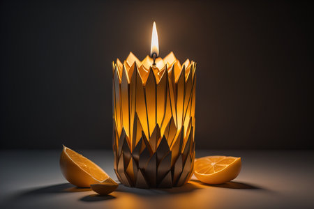 Burning aroma candle on wooden table against solid color background, copyspace. ai generativeの素材