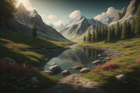 Beautiful fantasy landscape with a river in the mountains. ai generativeの素材