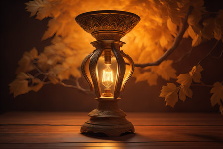 Lantern on a wooden table and a dark background. ai generativeの素材