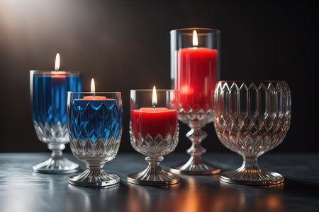 Burning candles in glasses on wooden table, closeup. Space for text. ai generativeの素材