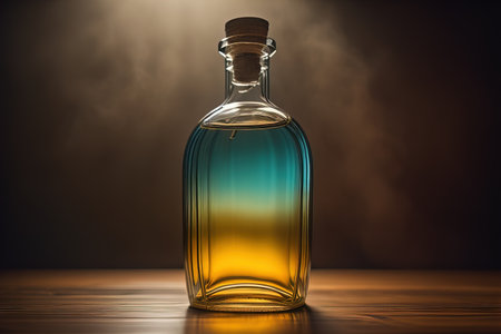 Bottle with a liquid on a solid color background. ai generativeの素材