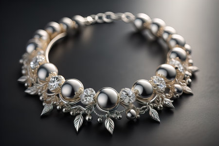 Silver necklace on a solid color background in close-up. ai generativeの素材