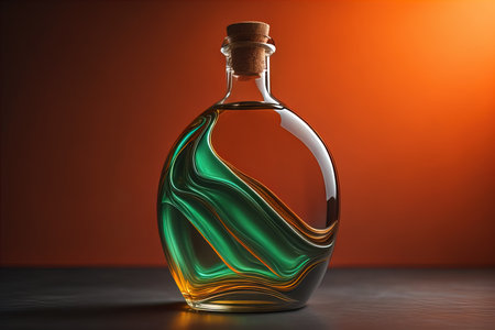 Bottle with a liquid on a solid color background. ai generativeの素材