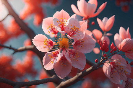 cherry blossom sakura flower on blue sky background, ai generativeの素材