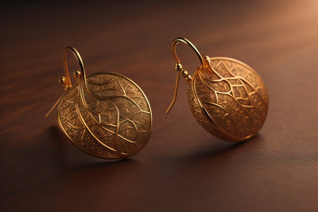 Earrings made of gold on a solid color background close up. ai generativeの素材