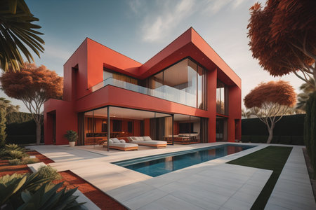 modern cozy house with pool and parking, luxurious style and beautiful landscaping on background. ai generativeの素材