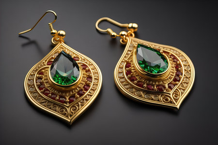 Earrings made of gold on a solid color background close up. ai generativeの素材