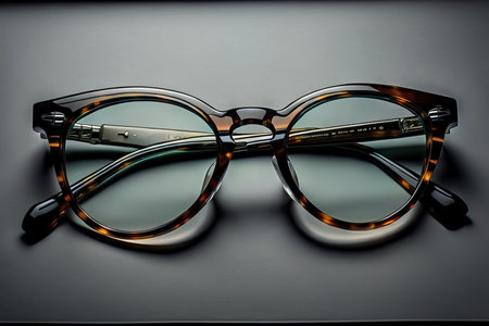 Stylish glasses on wooden table. Fashionable eyeglasses. ai generativeの素材
