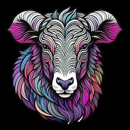 Vector image of a head of a ram with a colorful pattern on a black backgroundの素材
