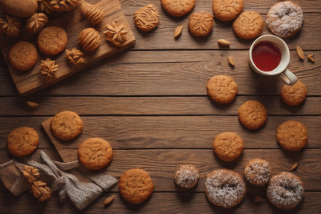 Cookies with a cup of tea on a wooden table. Top viewの素材