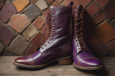 Pair of women's leather boots on a wooden table with brick wall background. generative aiの素材