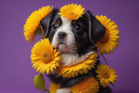 Portrait of a cute dog on a colorful background. Studio shot. ai generativeの素材