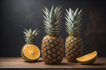 Pineapples on a wooden background. ai generativeの素材