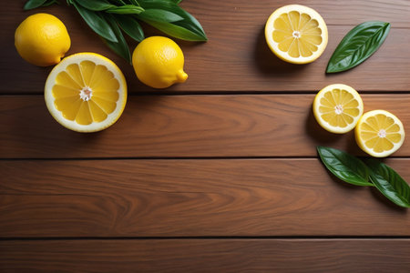 Lemon and slice of lemon on wooden background. Top view. ai generativeの素材