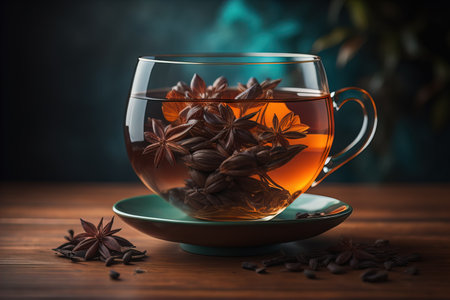Cup of tea with mint leaves on wooden table, closeup. ai generativeの素材
