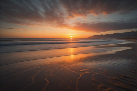 Beautiful sunset on the beach with reflection in the water. Long exposure. ai generativeの素材
