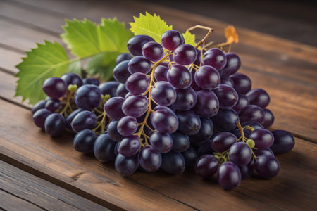 Bunch of fresh grapes on wooden table. Vintage style toned picture. ai generativeの素材