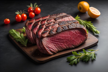 Sliced roast beef on a cutting board with rosemary and tomatoes. generative aiの素材