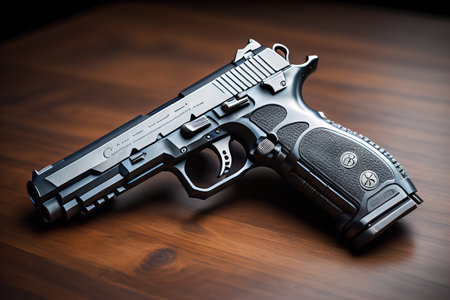 Semi-automatic handgun on a solid color background. Close-up. ai generativeの素材