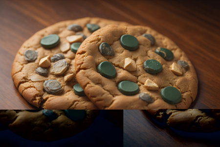 Chocolate chip cookies on orange background. Close up. Selective focus. ai generativeの素材