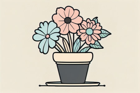 Illustration of a flowerpot with pink and blue flowers on a gray background. ai generativeの素材