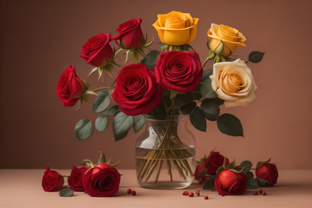 Red roses background. Top view of beautiful red roses with green leaves. ai generativeの素材