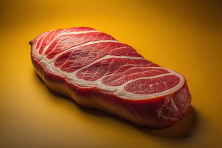 Raw beef steak on a yellow background. Shallow depth of field. generative aiの素材