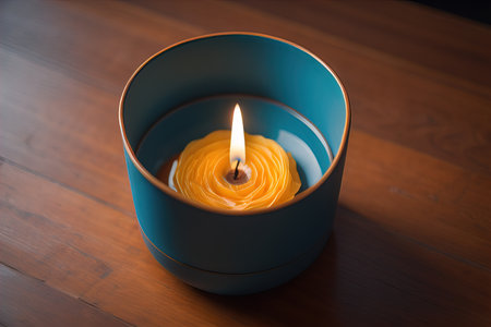 Burning aroma candle on wooden table against solid color background, copyspace. ai generativeの素材