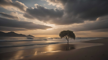 Lonely tree on the beach at sunset in Rio de Janeiro, generative aiの素材