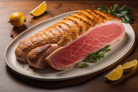 Raw beef sirloin steak with ingredients for cooking on wooden background. ai generativeの素材
