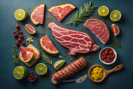 Raw beef meat with ingredients for cooking on a dark background, top view. generative aiの素材