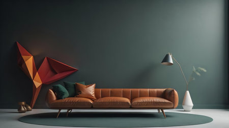 Modern living room interior with brown sofa, coffee table and lamp. generative aiの素材