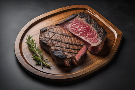 Raw beef sirloin steak with ingredients for cooking on wooden background. ai generativeの素材