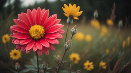 Beautiful red daisy flower in the garden with blurred background. generative aiの素材