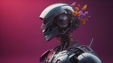 a female robot with a bouquet of flowers. generative aiの素材
