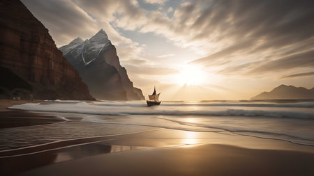 Sailing boat in the sea at sunset, generative aiの素材