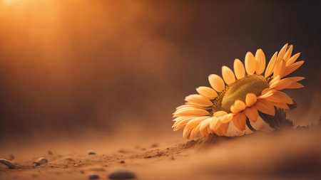 Sunflowers in the sand at sunset. Shallow depth of field. generative aiの素材