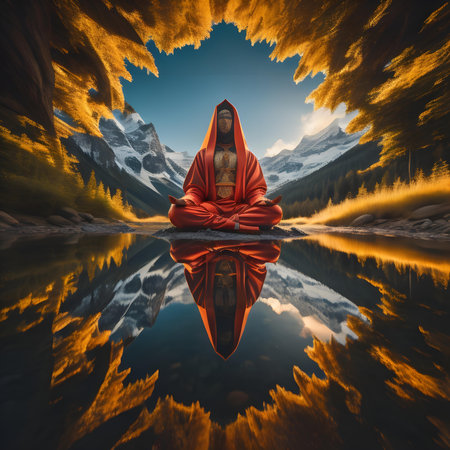 A man in a red robe meditating in front of a mountain lake. generative aiの素材