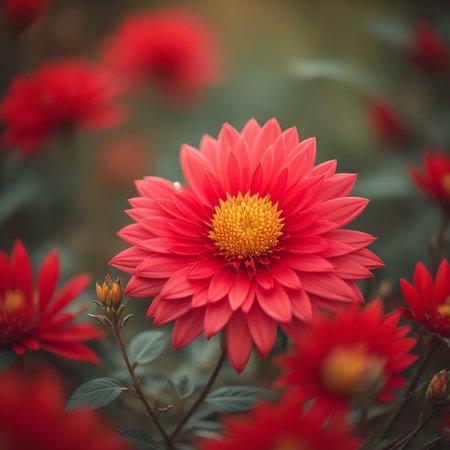 Red dahlia flowers in the garden, vintage color tone. generative aiの素材