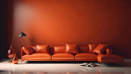 Living room with orange sofa, lamp and book. generative aiの素材