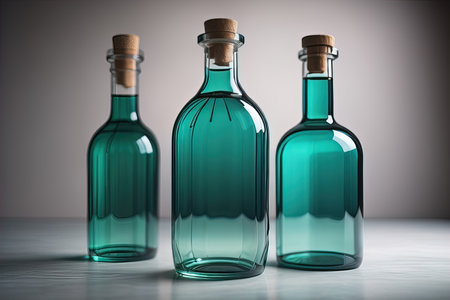Bottle with a liquid on a solid color background. ai generativeの素材