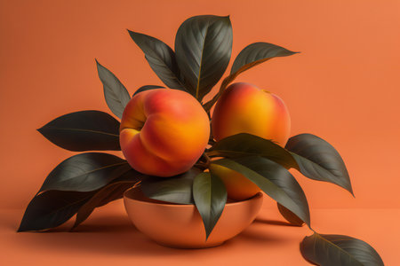 Fresh apricots with leaves in a vase on orange background. ai generatedの素材