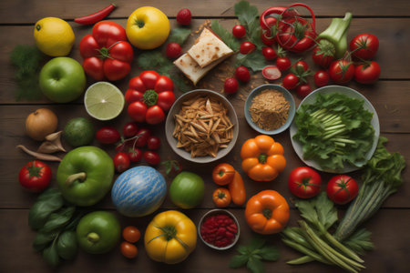 Healthy food background. Food ingredients on wooden table. Top view. generative aiの素材