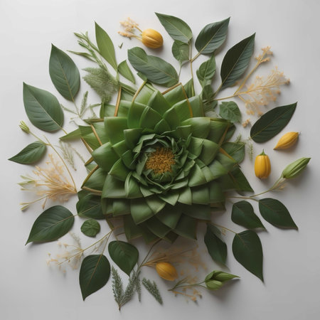 Flower arrangement made of succulent leaves and flowers, top view. generative aiの素材