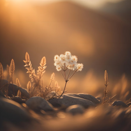 Grass flowers in the sunset light. Beautiful nature background with copy space. generative aiの素材