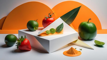 Fruit and Vegetables on white box with orange and orange background. generative aiの素材