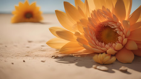 Orange gerbera flower on the sand with sunflowers.generative aiの素材