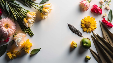 Flowers composition on white background. Flat lay, top view, copy space. generative aiの素材
