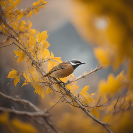closeup shot of a beautiful bird sitting on a branch in autumn. generative aiの素材