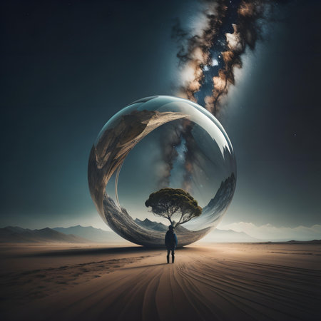 Man standing in the middle of a desert with a tree in a glass sphere. generative aiの素材